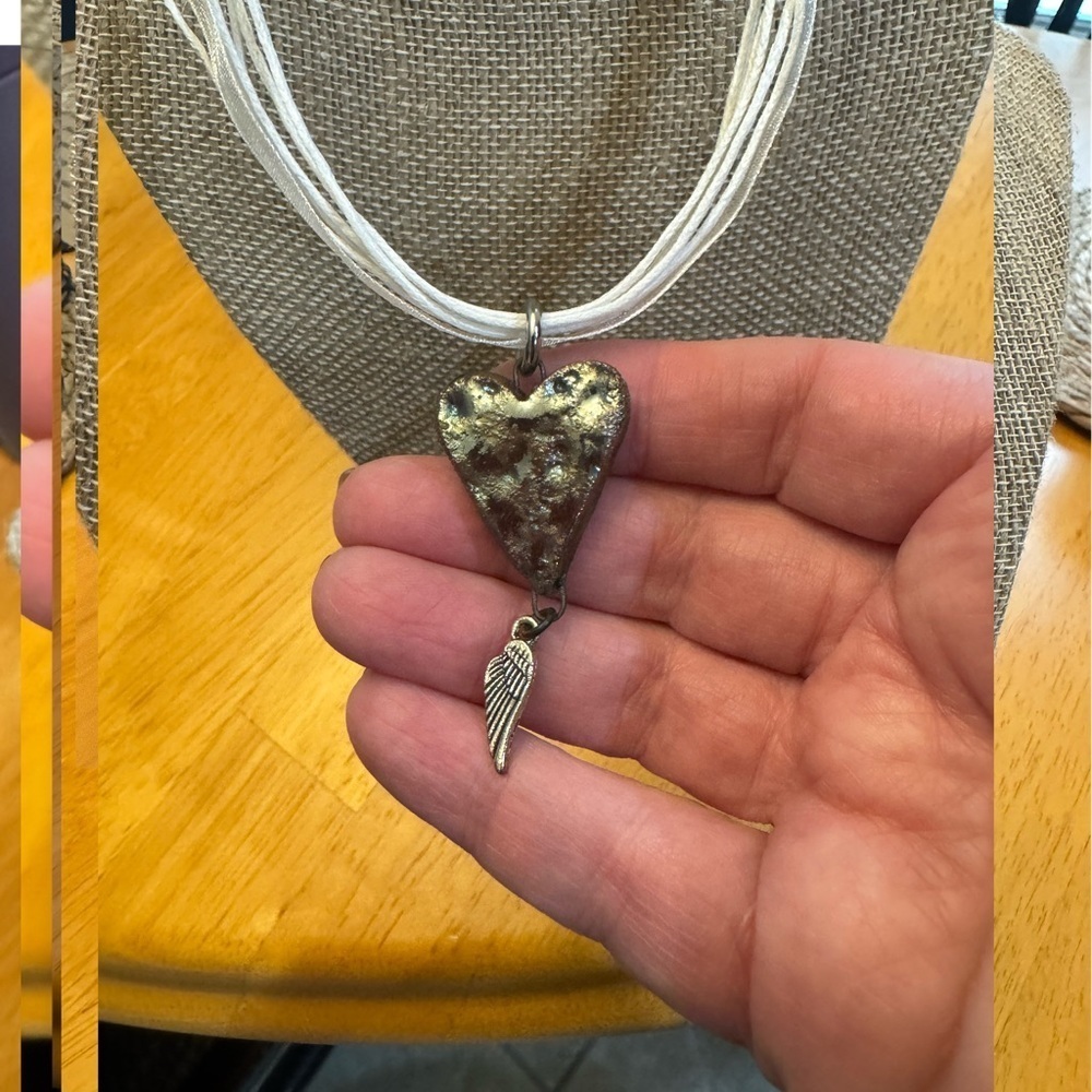 Artisan Angel Heart Pendant Necklace Wing Charm Handmade NWT